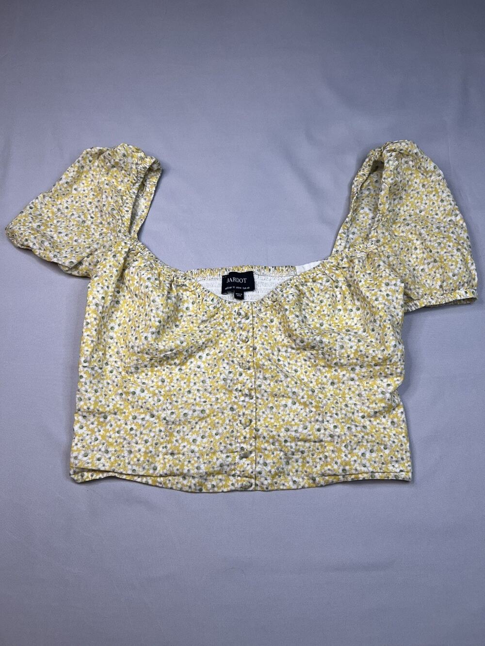 Women’s Bardot Yellow Floral Puff Sleeve Crop Top Size 8 100% Cotton